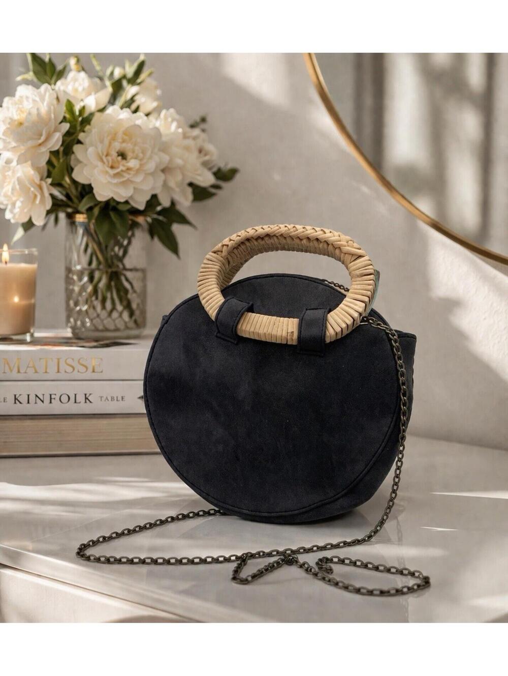 Round Black Crossbody Bag Woven Bamboo Handle Chain Strap Boho Chic Purse